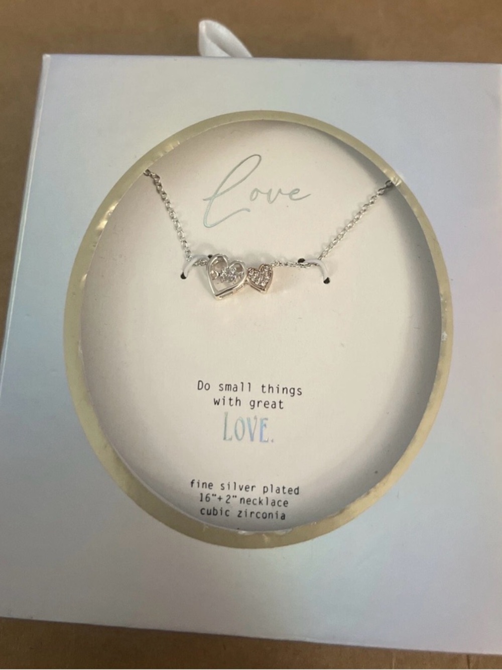 Silver Plated Double Heart Necklace CZ Charm 16”+2” Gift Box Love Pendant